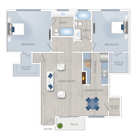 Floor plan for 2 beds, 2 baths, 1030 sqft